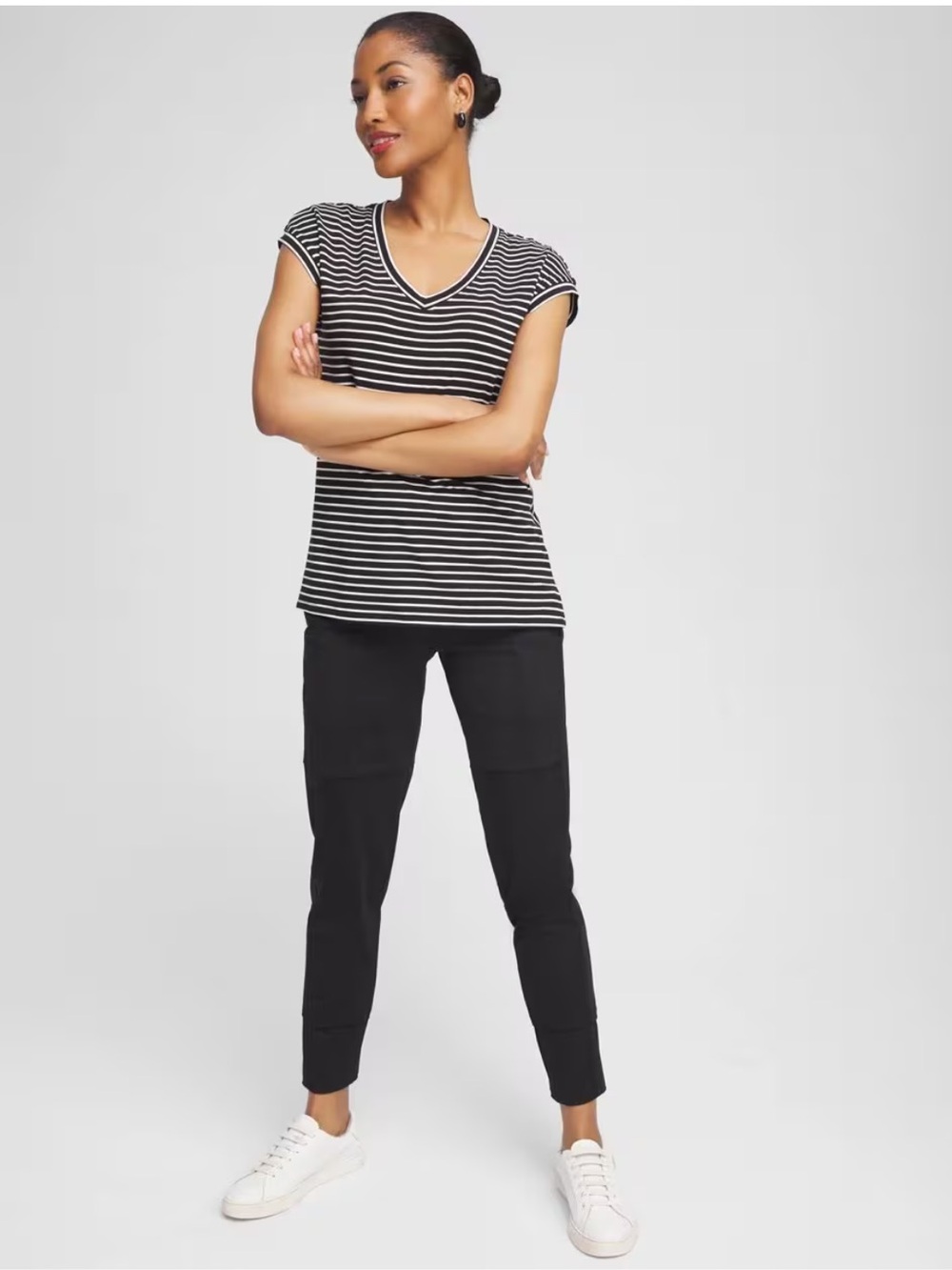 NWT Chico's Zenergy Twist
Back Tee Black White Striped V-Neck Short Sleeve sz 1